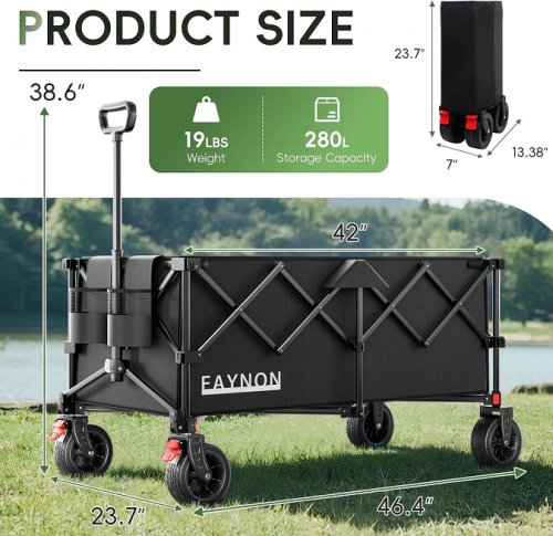 eaynon heavy duty collapsible foldable extended wagon with 500lbs capacity - 38.6" x 23.7" x 46.4" - black image 2