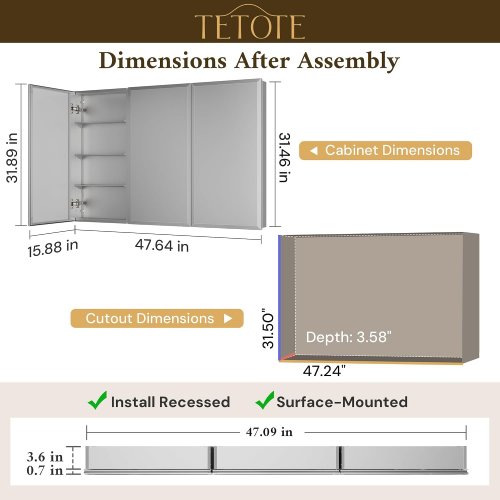 tetoe Soft Closing Tempered Glass medicine cabinet - 48" x 32" - silver image 2