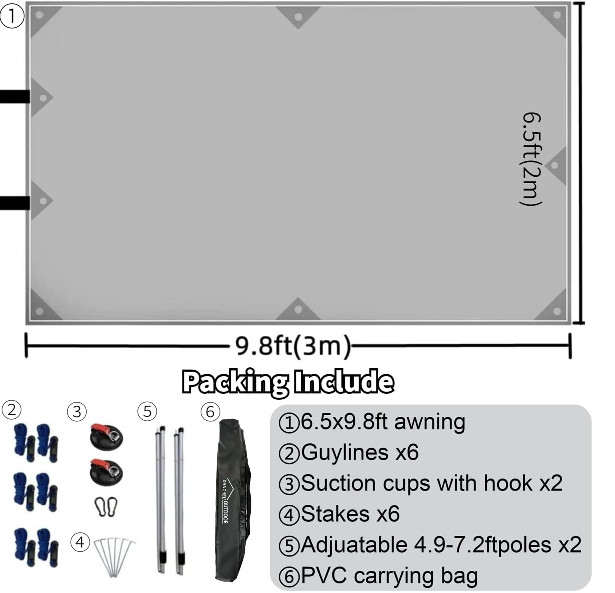 DANCHEL OUTDOOR Portable Large Suction Cups Car Awning with adjustable poles 9.8ft x 6ft 6'' - silver /grey image 2