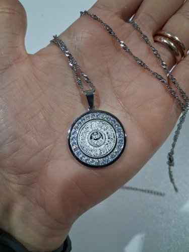 cubic zirconia engraved ayatol kursi "آية الكرسي" round pendant chain necklace for protection - 20" - 22"/2 mm width adjustable chain/ 1" pendant - silver image 3