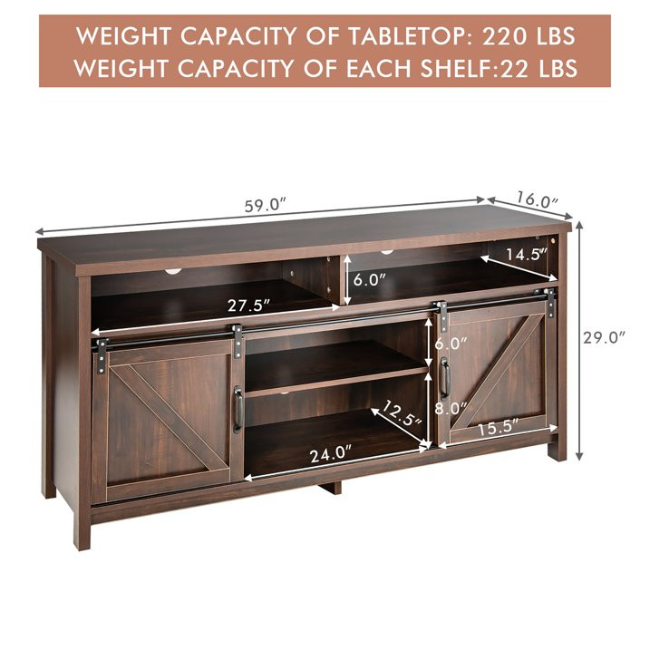 costway farmhouse wooden tv stand media console with sliding barn doors - 59" x 16" x 29", fits tvs up to 65" - dark brown - (model: hv10068bn) image 2