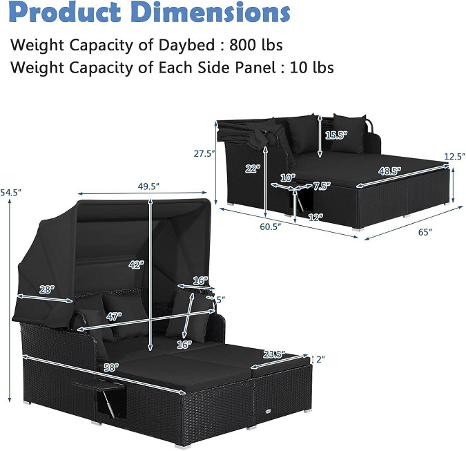 tangkula outdoor rattan patio daybed with retractable canopy with two foldable side tables & cushions - 54.5" x 49.5" x 58" - black (model: hw75142dk) image 2