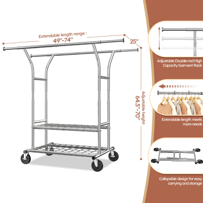 raybee adjustable heavy duty metal clothes rack with wheels - 74" x 70" - 630LBS cap - chrome (model: hn-gm-dr-25dm) image 2