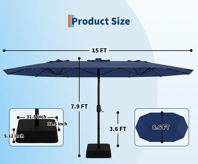 garvee outdoor double-sided rectangle patio umbrella with base - 15FT - navy blue (model: ppg_3349dnty) image 2