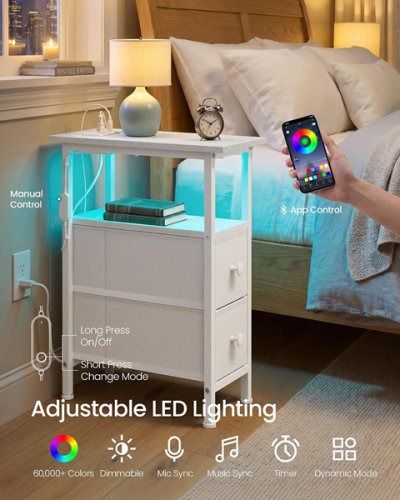 2PK SONGMICS BELLAH Collection Side Table Nightstand with Charging Station AND LED Lighting - Cloud White/RGB (MODEL: LGS012W101) image 2
