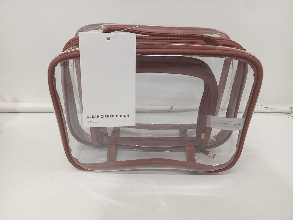 double sided clear plastic multi-purpose travel toiletry bag with zipper closure - 8.5" x 6" x 4" - clear/brown image 3