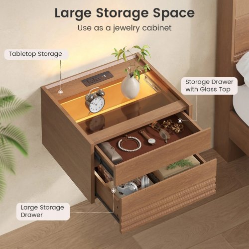Sikaic Floating Glass Top Nightstand with Touch LED and Charging Station - 11.8" x 15.7" x 17.7" - 30lbs cap - Walnut Brown image 3