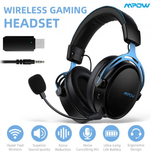 MPOW Air Wireless Gaming Headset with noise cancelling mic - 17HR Playtime - Black/Blue (Model: BH415A) image 2