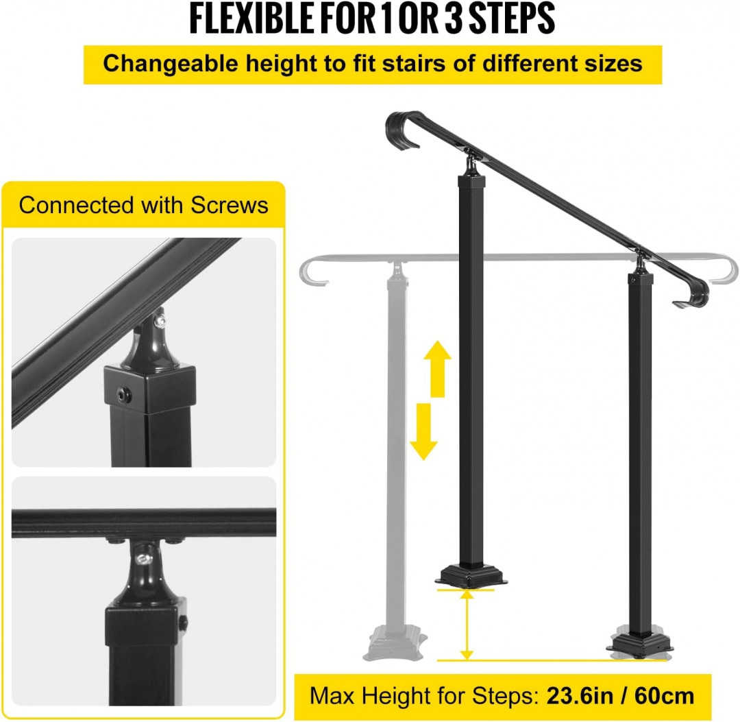 VEVOR OUTDOOR ADJUSTABLE 4 STEP HANDRAIL MADE FOR CONCRETE STEPS OR WOOD STAIRS, 47.2" X 37.8" - BLACK (model: H5710-4) image 2