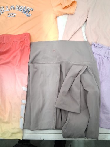 5 ASSORTED GIRL'S CLOTHES - 1 LONG SLEEVE SHIRT, 1 SHIRT, 2 SHORTS, 1 LONG PANTS - EXTRA LARGE (14/16) - PURPLE/PINK/GREEN image 3