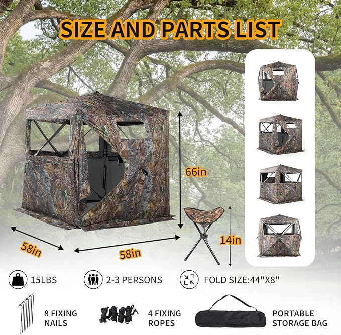 2pc FUNHORUN Hunting Blind 360 Degree See Through Ground Blind with chair & carrying bag - 58" x 58" x 66" - Camouflage image 2
