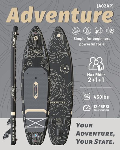ITAOSTAR ADVENTURE EXTRA WIDE PADDLE BOARD WITH SEAT FOR YOUTH/ADULTS - 12FT X 35" - 450 LBS CAP - BLACK/GOLD (MODEL: A02A) image 2
