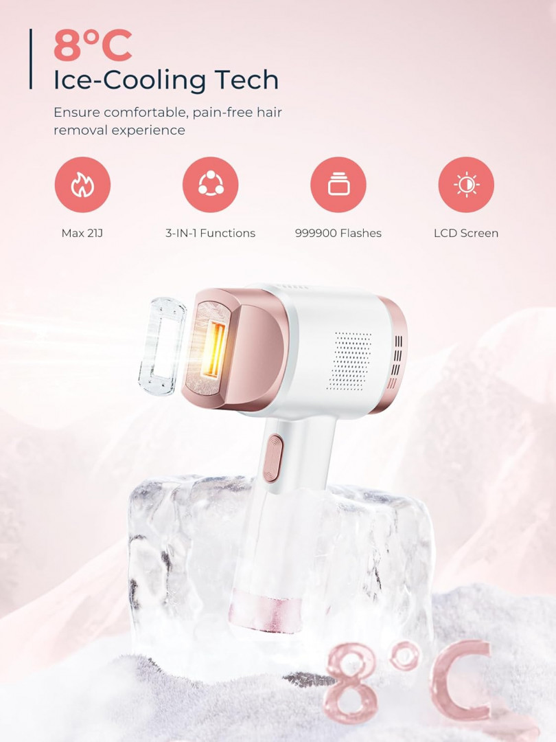Beauris Laser Hair Removal Device with 3 Functions & Ice-Cooling technology - 9 Energy Levels - 36W - 24V/1.5A - white / pink - Model: (FZ-608G) image 3