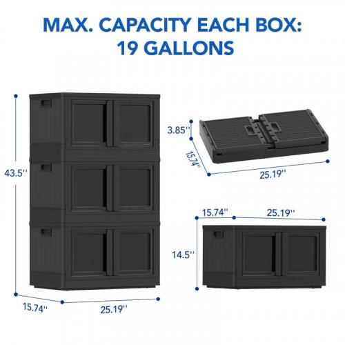 3PK Fleximounts 19Gal Collapsible Plastic Storage Bins with Lids - black (model: st8-bl3) image 2
