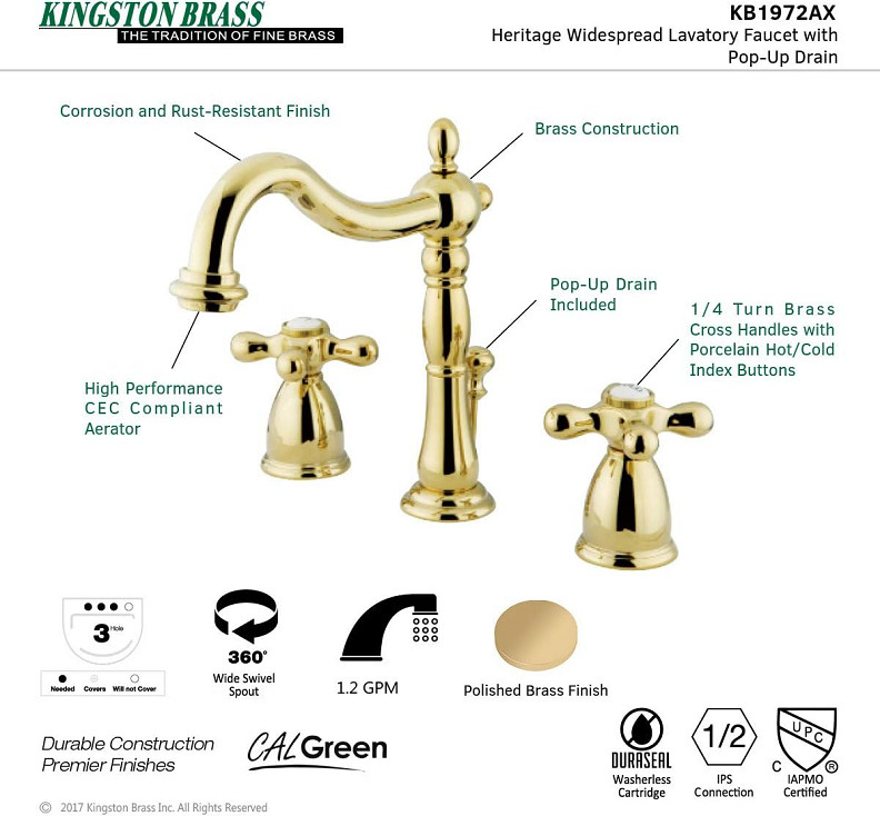 KINGSTON Brass Heritage Widespread Lavatory Faucet, 8" - Polished Brass (Model: KB1972AX) image 2