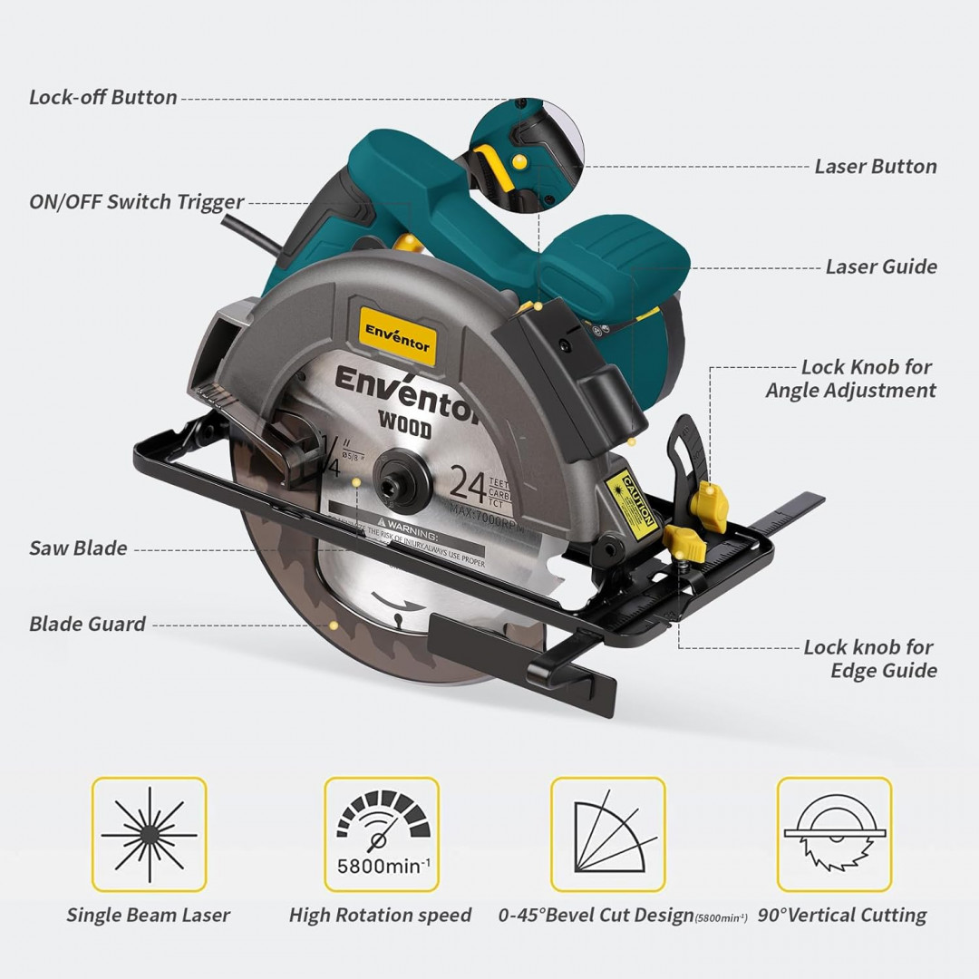 ENVENTOR corded 7-1/4" circular saw with precise laser guide & 2 assorted 185mm blades - 11a, 5800rpm - blue (MODEL: SGCS1400) image 3