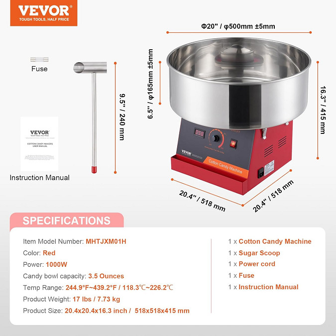 VEVOR ELECTRIC COMMERCIAL COTTON CANDY MACHINE WITH 19.7" diameter Stainless Steel Bowl with Sugar Scoop - 3.5oz - 1000W - red/steel (Model: MHTJXM01H) image 2