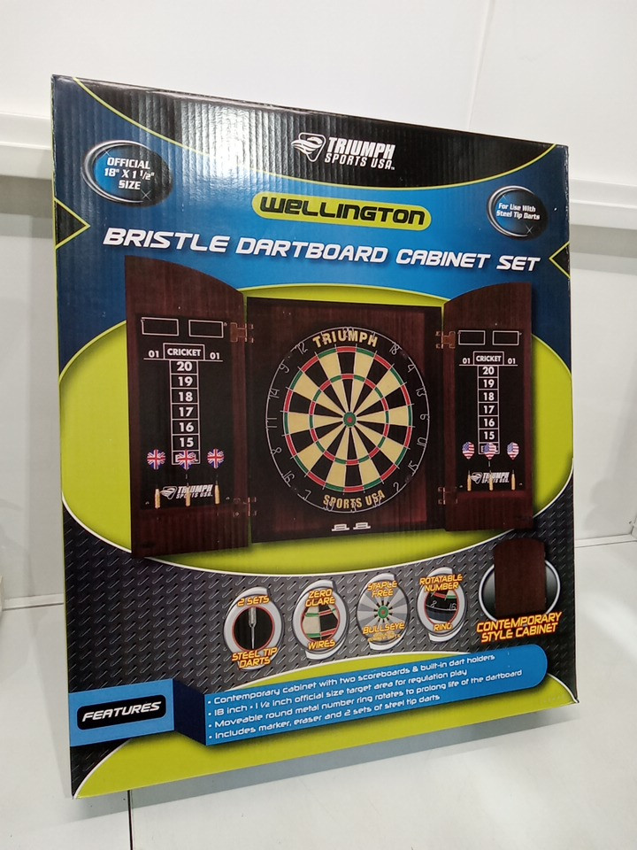 Triumph Sports USA Wellington Bristle Dartboard Cabinet Set with 2 sets of steel-tip darts, 2 built-in scoreboards and dart holders - 18" x 1-1/2" - brown wood (Model: 18-2007) image 2