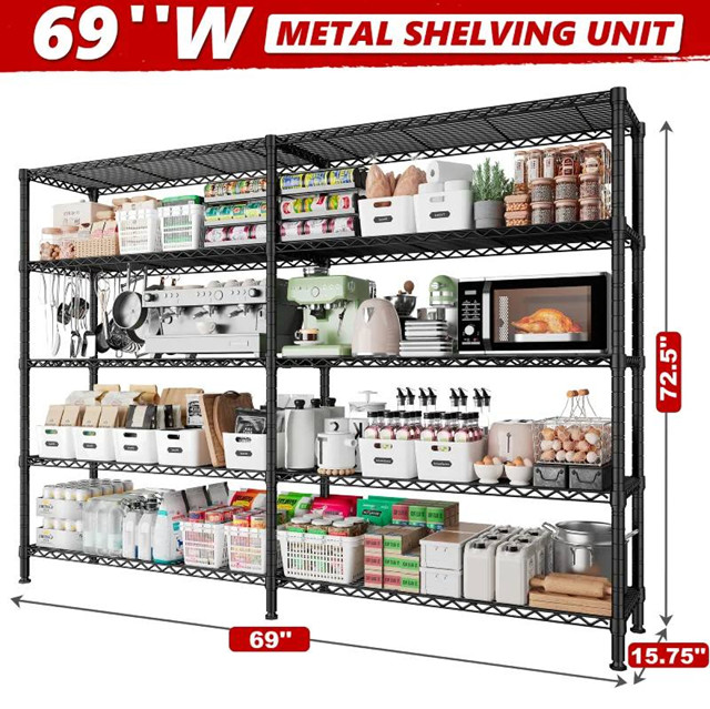 WANGDE HOME 5-Tier Heavy Duty WIRE Shelving Unit - 72.5" x 69" - 1600Lbs cap - BLACK (MODEL: RBBT5L175LP08B) image 2