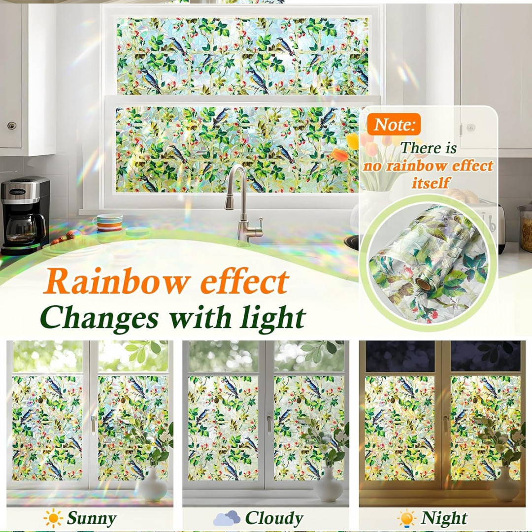 COAVAS NO GLUE PRIVACY UV BLOCKING WINDOW FILM - 35.4" X 78.7"/~6.5FT X ~3FT - BIRDS/LEAVES RAINBOW image 3