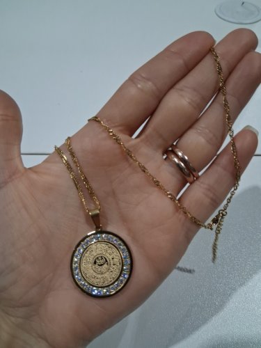 cubic zirconia engraved ayatol kursi "آية الكرسي" round pendant chain necklace for protection - 20" - 22"/2 mm width adjustable chain/ 1" pendant - gold image 3