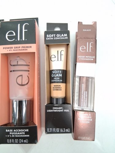 4 assorted elf makeup products - assorted  sizes, types and uses - lip balm / concealer / face primer / liquid eyeshadow image 4