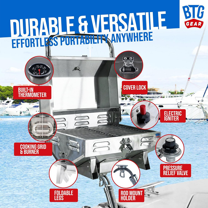 btg gear portable Tailwaves Marine Grill with Rod Holder Mount propane BBQ for boats & tailgating/camping - 10.6" x 15.74" x 12.6" - stainless steel image 3