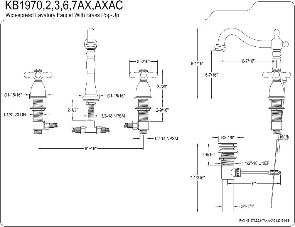 KINGSTON Brass Heritage Widespread Lavatory Faucet, 8" - Polished Brass (Model: KB1972AX) image 3