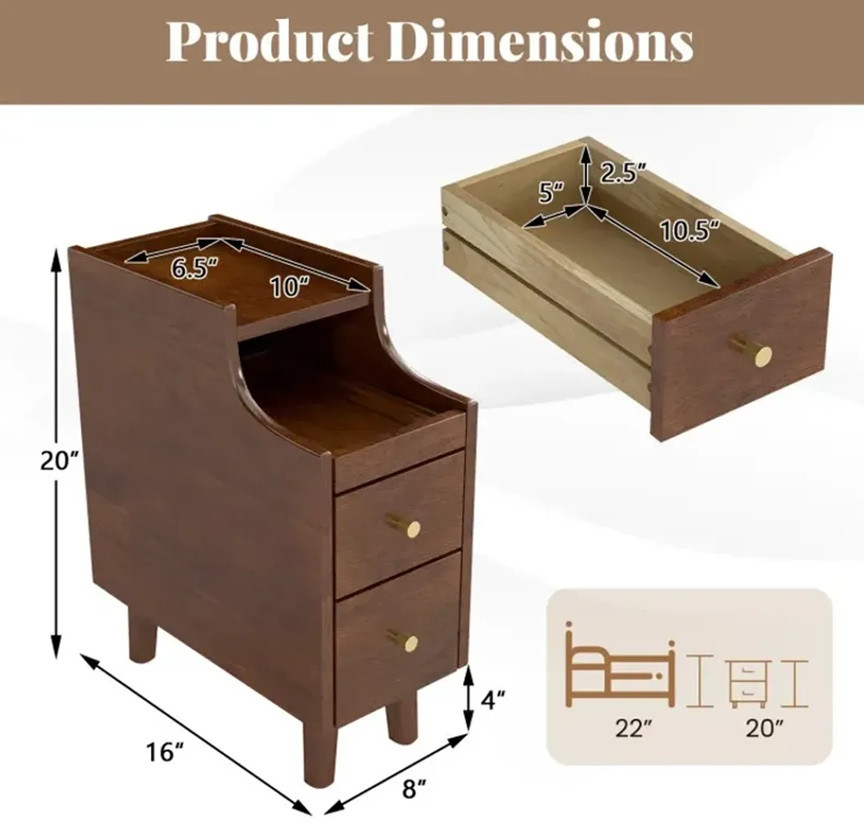 2PK Costway Solid Wood Night Side Table - 8" x 16" x 20" - Brown (Model: HU11058BN-2) image 2