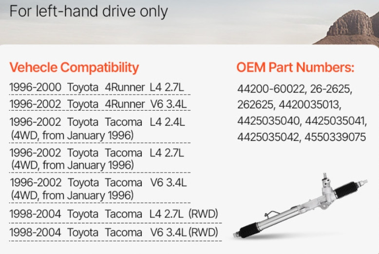 hydraulic power steering rack & pinion with dust boot - left hand drive only - compatible with select toyota 4runner models - (model: aef-8068) image 2
