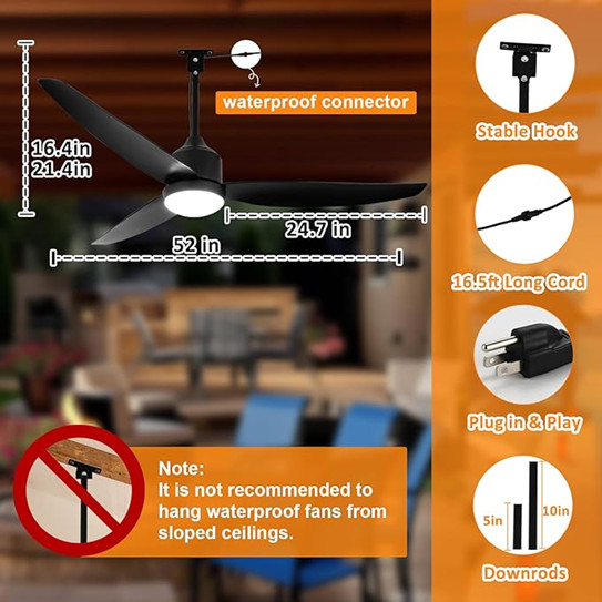 Depuley Outdoor Gazebo Ceiling Fan with Dimmable Light and Remote App Control - 52" - 25W 120V 3000-6000K - Black (Model: WS-FPZ184-18C-52BK-AP) image 2