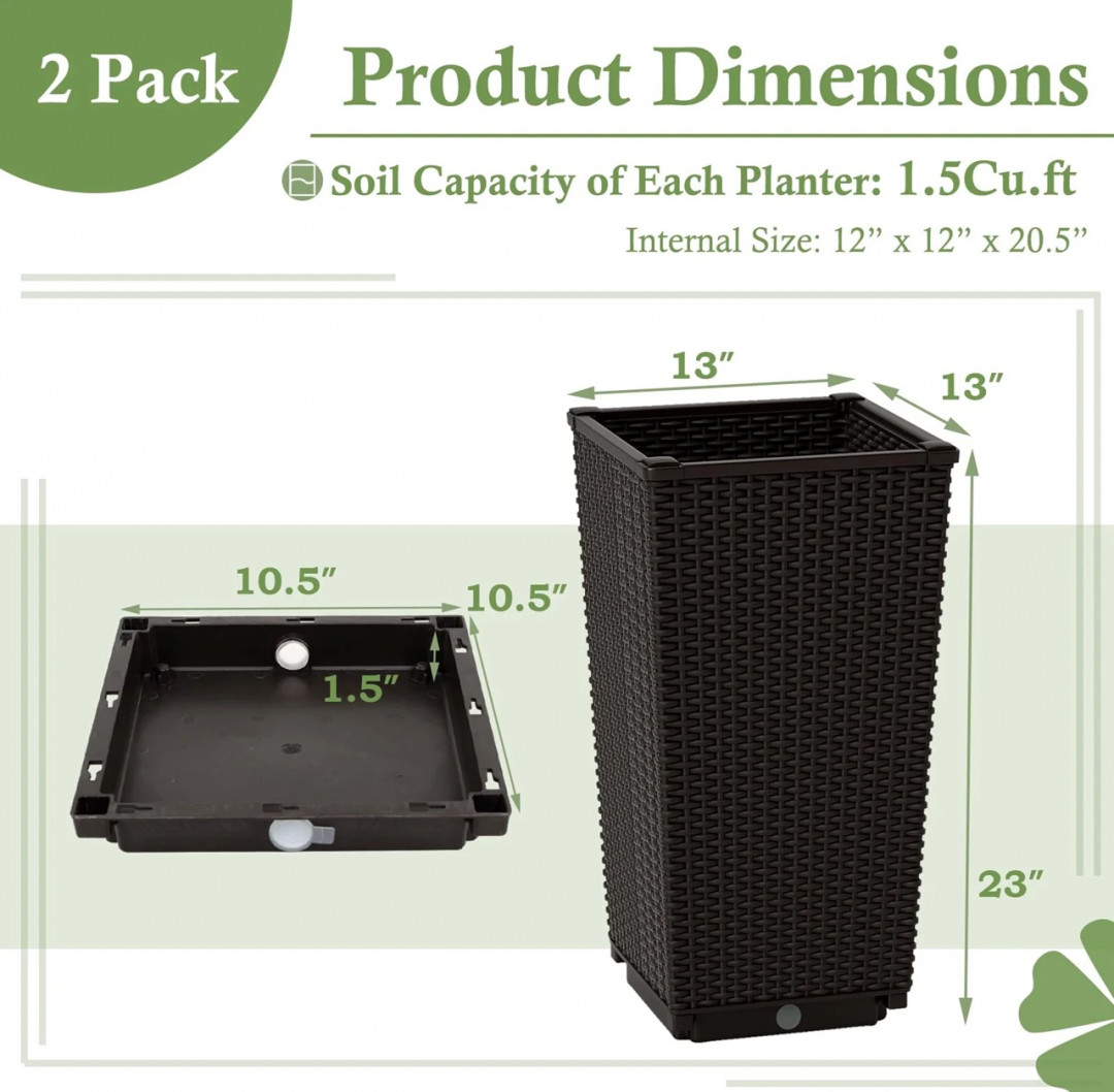 2PK Giantex Outdoor Wicker Flower Pot with Drainage Hole & Self-Watering Tray - 13" x 13" x 23" - Dark Brown (Model: GT4290CF-2) image 2
