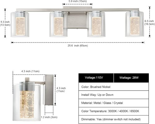 sinerise dimmable 4-light cylindrical crystal vanity light fixture - 26", 6000k - brushed nickel - (model: 8981-4n) image 2