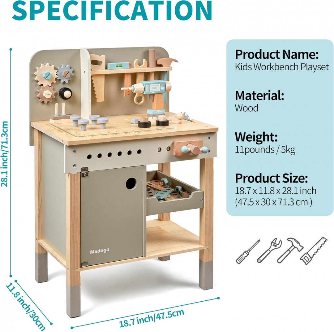 Kids medoga Tool Bench with Wooden Play Tools -  green/brown (model: TW0002) image 2