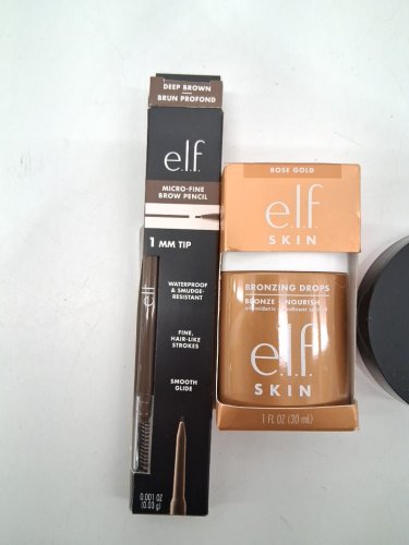 3 Assorted elf products - assorted sizes and uses - micro-fine brow pencil / elf skin bronzing drops / clean queen solid brush and sponge cleaner image 3