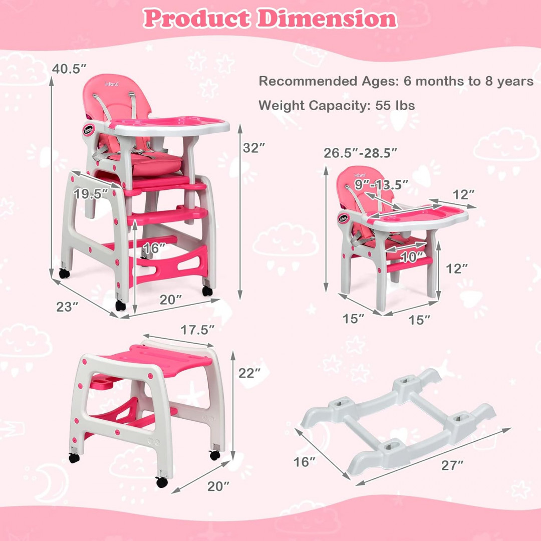 INFANS 5-in-1 convertible baby high chair - 40" x 23" x 20" - 55lbs max - pink (model: bb5604pi) image 2