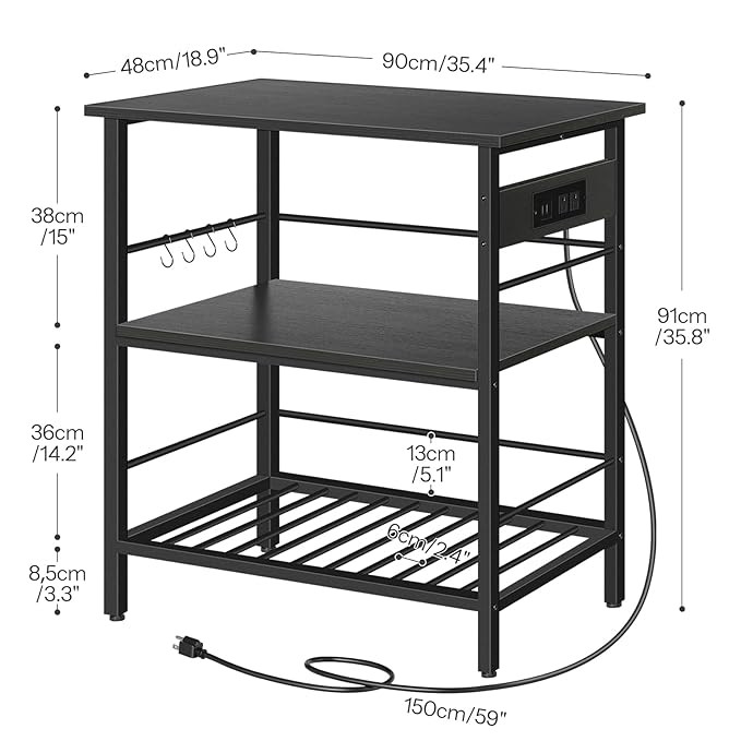 HOOBRO 3-tier Kitchen Island with hooks & power bar - 35" - black (model:  BB021ZD01) image 2