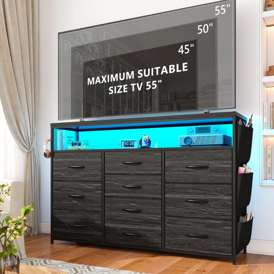enhomee 10-drawer fabric dresser/tv stand with storage shelf and led lights - 44" x 12" x 33" - black (model: usfdrscg2) image 2