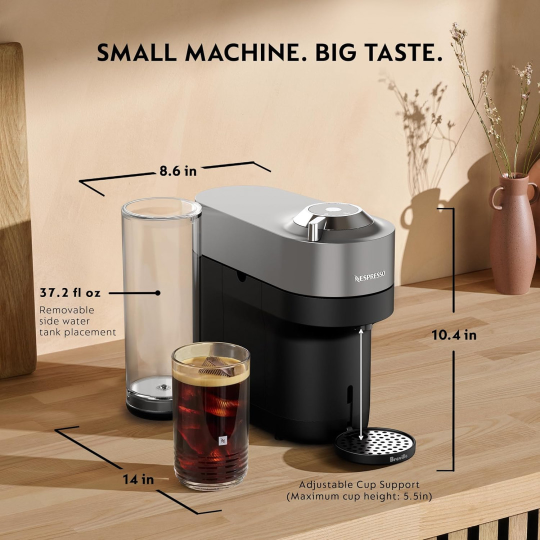Breville Nespresso Vertuo Pop+ Deluxe Coffee & Espresso machine with aeroccino milk frother & coffee pods - titan (model: BNV155TTN1BUC1) image 2