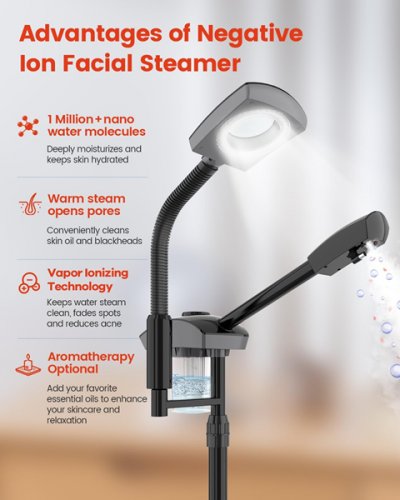 KINGSTEAM 2-in-1 Dual Steam & Nano Ionic Hot Mist for Facial Cleaning WITH 3-Level LED LIGHT and 5x magnifying glass - BLACK (MODEL: JY-201B) image 3