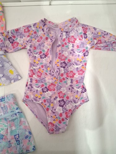 4 assorted girl's SWIM clothes - 2 SKIRTS, 1 SHORTS, 1 ONE PIECE - EXTRA SMALL (4/5) - PURPLE/PINK/BLUE image 4