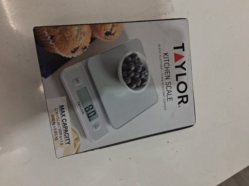 taylor black glass digital kitchen scale, 11lb/5kg capacity, stain resistant, white (model: 5280385). image 2