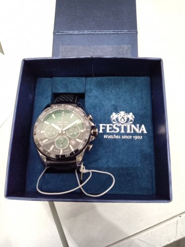 MENS festina chronograph quartz movement watch - 45mm - green dial/ black leather strap (model: F20561 ) image 2