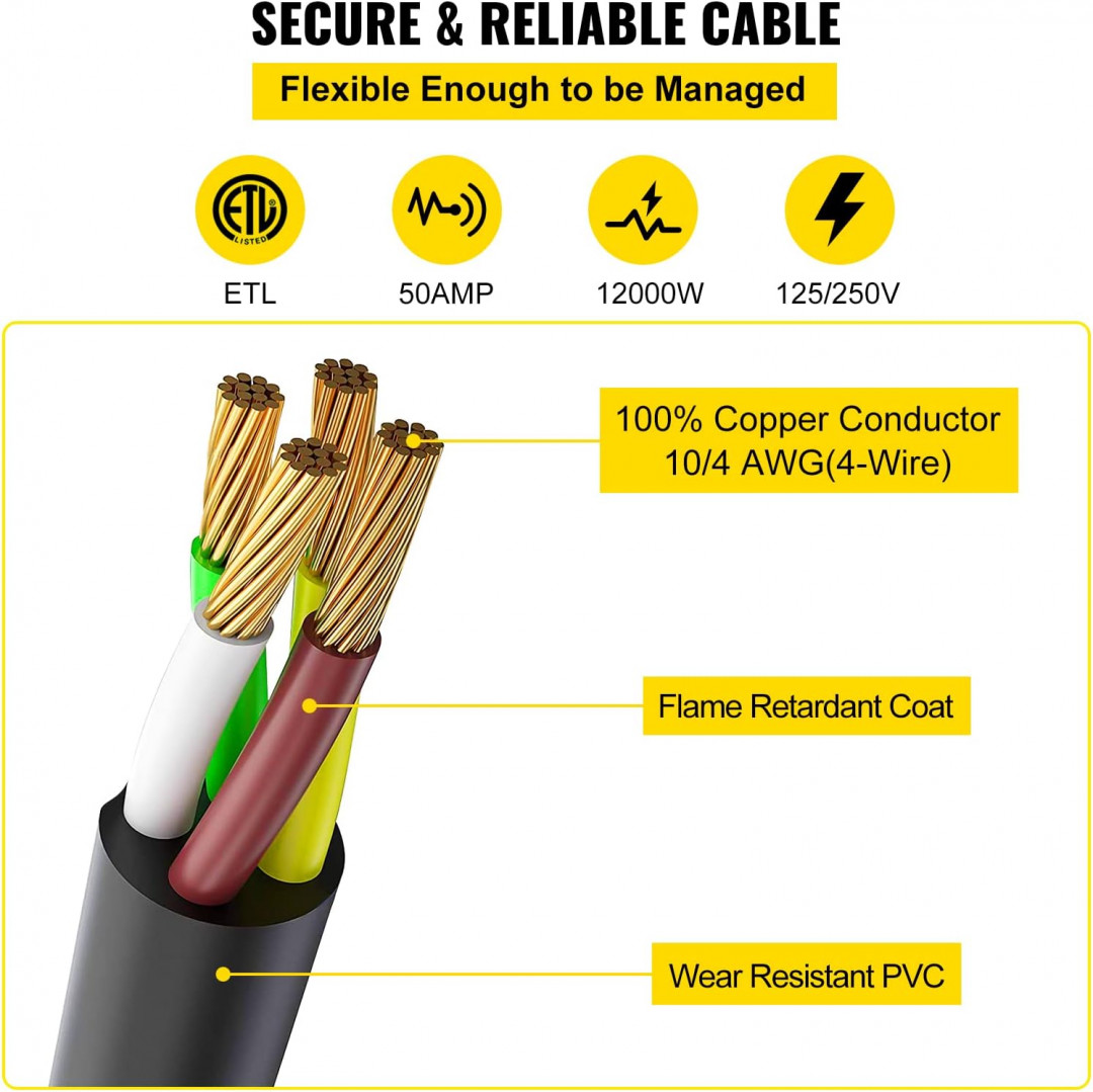 VEVOR 10FT Generator Power Cord - 125/250V, 50AMP, 12000W, SS2-50R & SS2-50P Compatible, Heavy-Duty Extension Cord with Portable Strap - black / orange image 2