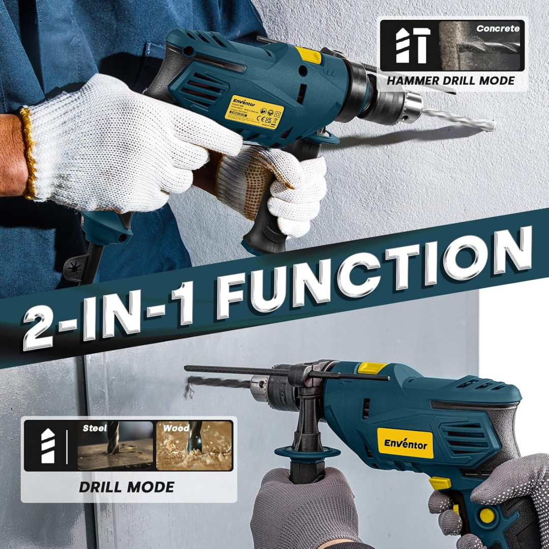 ENVENTOR 2-in-1 lightweight corded electric hammer/drill with 360° rotating Auxiliary Handle & 9 drill bits - 7.5A, 3000RPM - blue (MODEL: WD60190) image 3