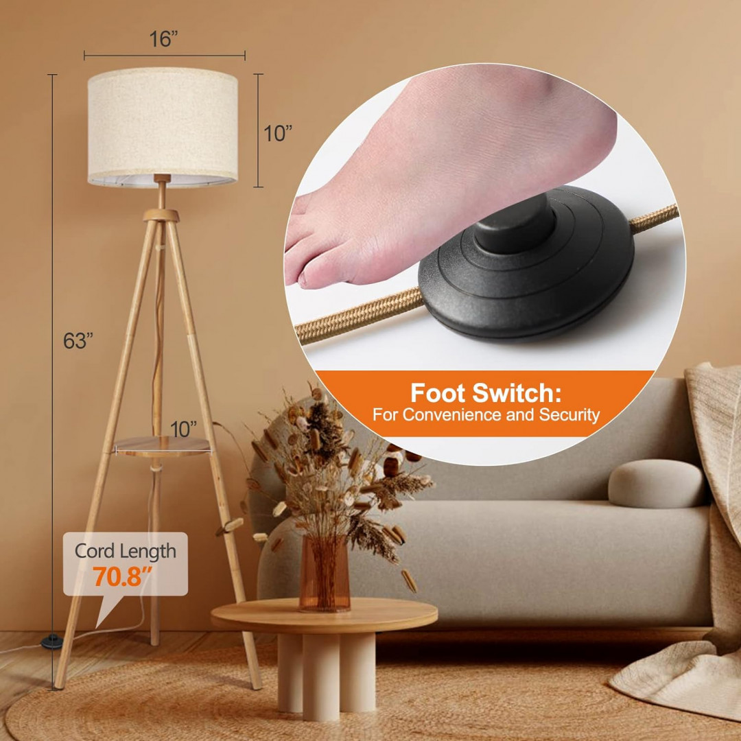 OUTON Tripod Floor Lamp Wood with Shelves, Mid Century LED Modern Dimmable Floor Lamp with Remote Control, Sturdy Tall Standing Lamp with Beige Linen Texture Shade for Living Room, Bedroom, Office (H-SJJ01) image 5