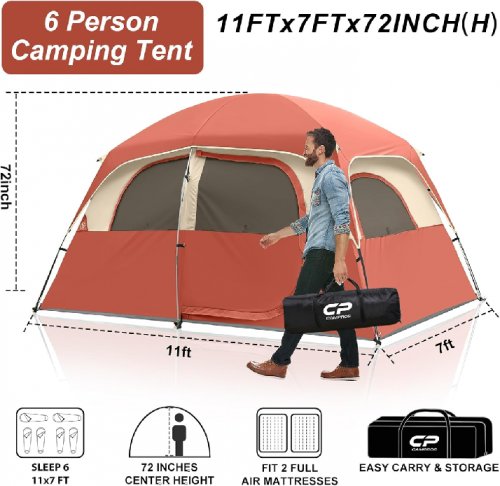 CAMPROS Waterproof Windproof Family Tent with Larger Mesh Windows and Door - 6 person - red (model:cp-110772-re) image 2