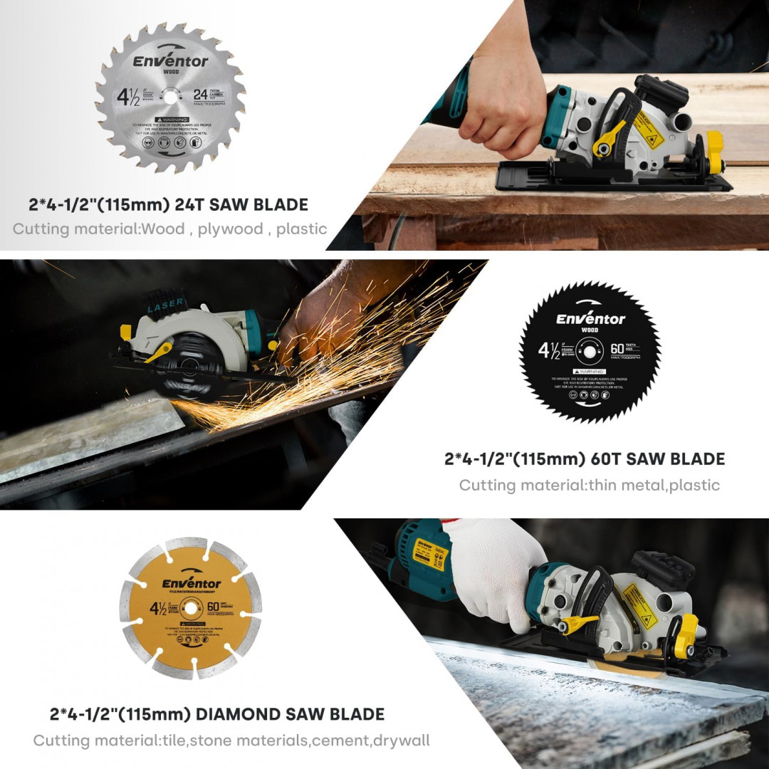 enventor mini corded 4-1/2" circular saw with precise laser guide & 6 assorted 115mm blades - 5.8A, 3500RPM - blue (model: 76604L) image 3