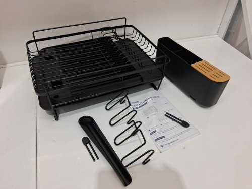 kitsure anti-rust extendable dish drying rack with cutlery and cup holders - 19" to 27" - black (model: ‎463) image 3