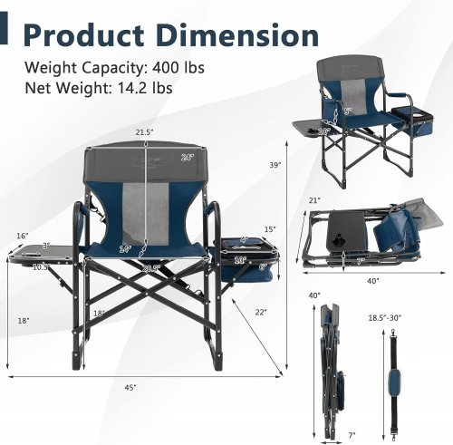 costway heavy-duty folding director camping chair - 45" x 39" - blue (model: np13552) image 2